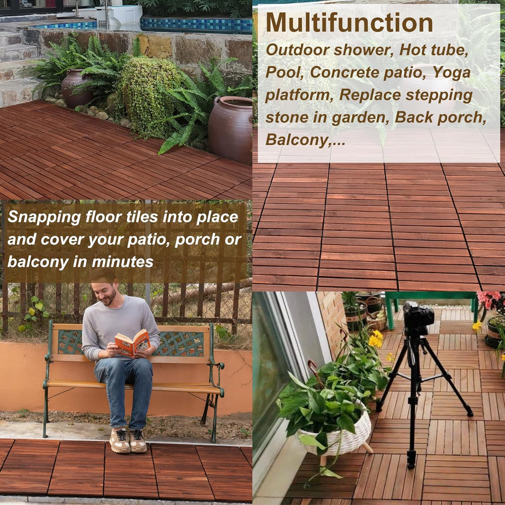 10 PCS Interlocking Deck Tiles, Solid Wood Patio Flooring Outdoor Waterproof, 12"x12"x0.8" Acacia Wood Tiles, Patio