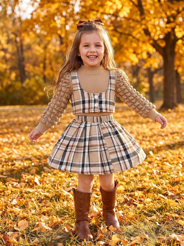 Toddler Girls Fall Winter Outfits Girls Puff Sleeve Knit Ribbed Tops Button Down Vest Plaid Skirt Set Fall Clothes
