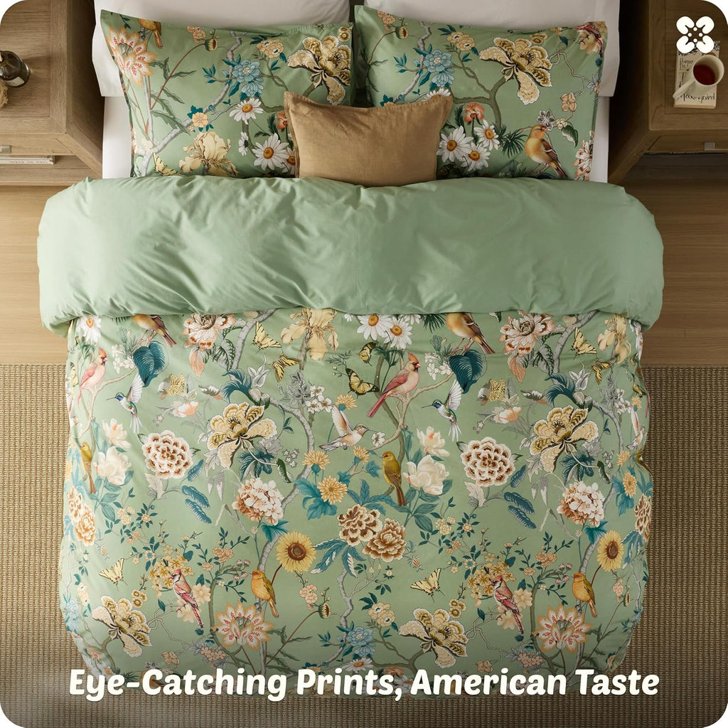 Floral Duvet Cover King - 100% Cotton Reversible Flowers and Birds Pattern Duvet Cover Set, 3 Pieces Soft &