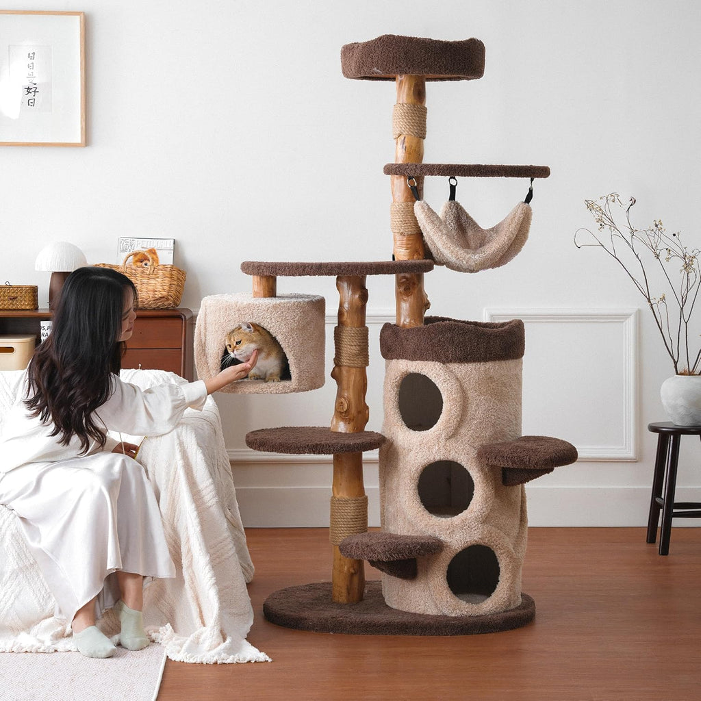 Modern Cat Tree for Indoor Large Cats & Multi-Cat Households, 68'' Solid Wood Cat Tower with 3 Condos, Heavy Duty Cat