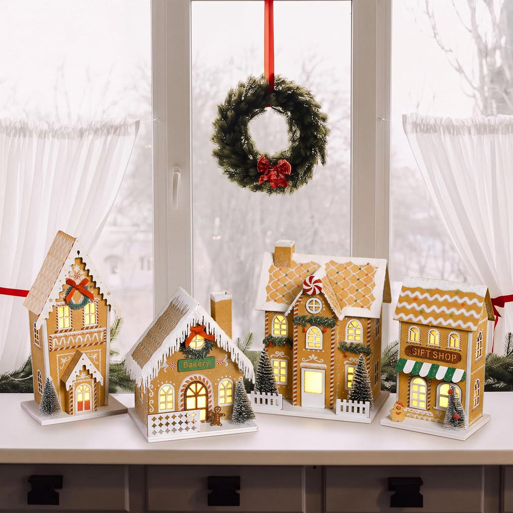 Xmas Gingerbreads House with LED Light, Paper Christmas Village Set