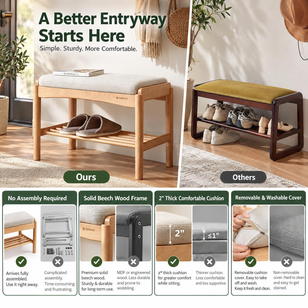 Solid Wood Shoe Bench, 32 Inch Entryway Bench with Light Gray Cushion