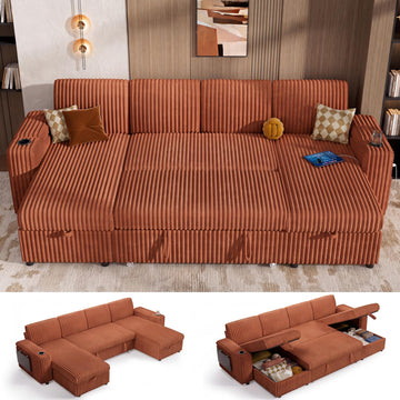 108" Modular Sectional Sleeper Sofa with Pull Out Bed, 4 Seat Plush Corduroy U Shaped Couch with USB Ports|Cup