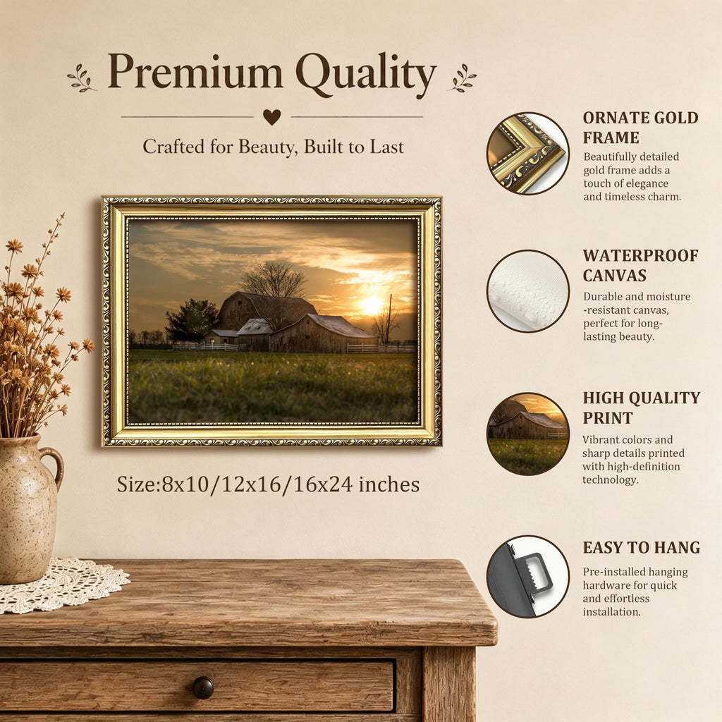 Vintage Gold Framed Sunset Farmhouse Wall Art, Rustic Country Barn Canvas Painting Print Picture, Retro Rural