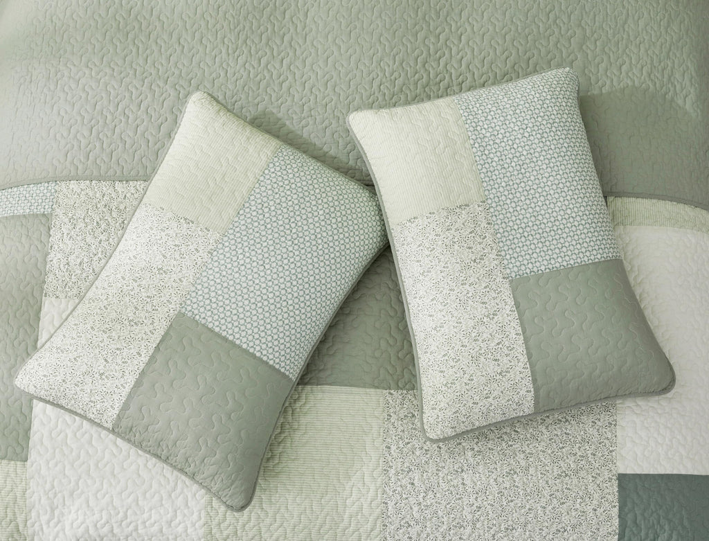 Elm 3-Piece Chic Patchwork Quilt Set - Green Floral Striped Coverlet - Pre-Washed Cotton Lightweight Reversible