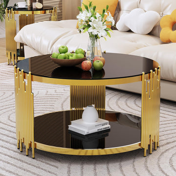 31.5" Luxury Gold Coffee Table with Glass Tabletop & Gold Base