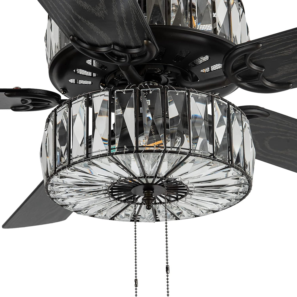 52" Glam Double-Lit LED Ceiling Fan with Clear K-9 Crystal Caged Lights - Reversible Blades (Mahogany/Antique Black)