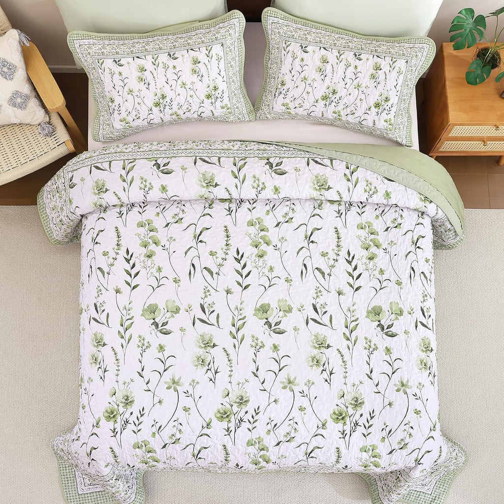 Floral Quilt Set King,Sage Green Bedspread Set with 2 Pillowcases, Microfiber Lightweight Flowers Botanical Coverlet