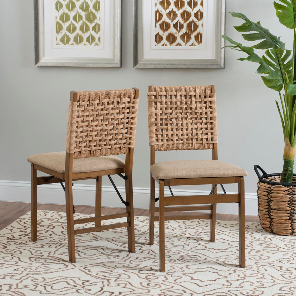 Bennett Natural Folding Chair with Woven Rope Back and Linen Upholstered Seat Set of 2