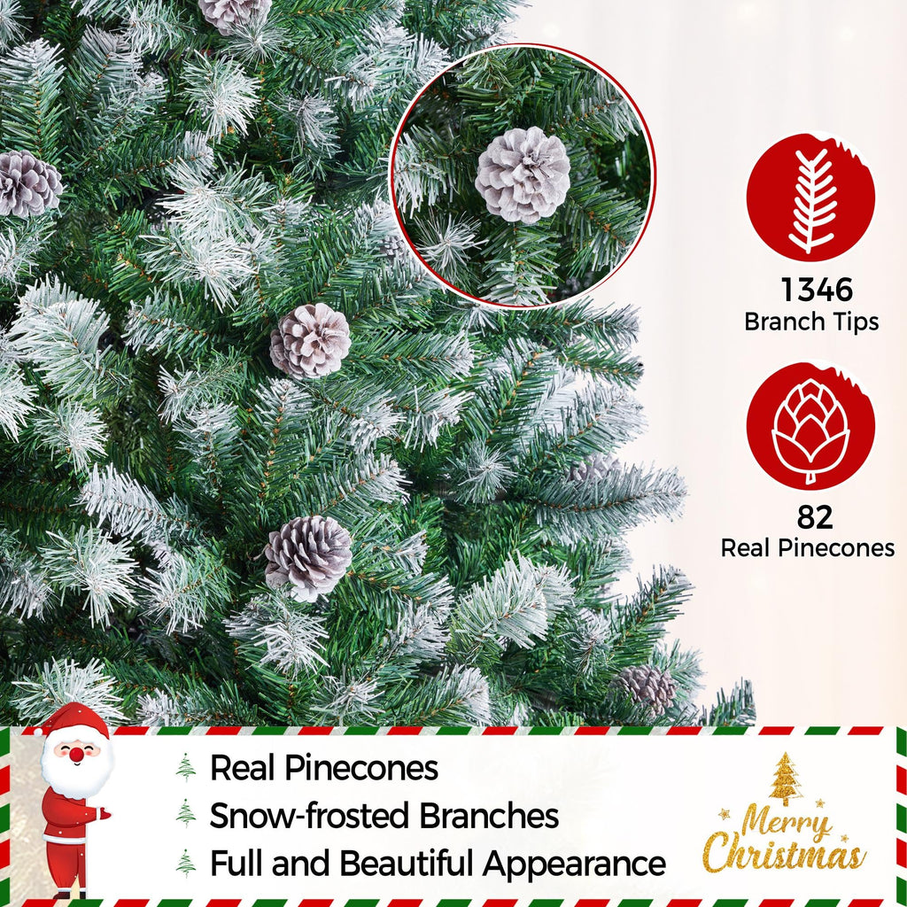 7.5ft Artificial Christmas Tree, Snow Flocked Christmas Tree w/82 Pinecones, 1346 Frosted Tips, Pre-Decorated Tree