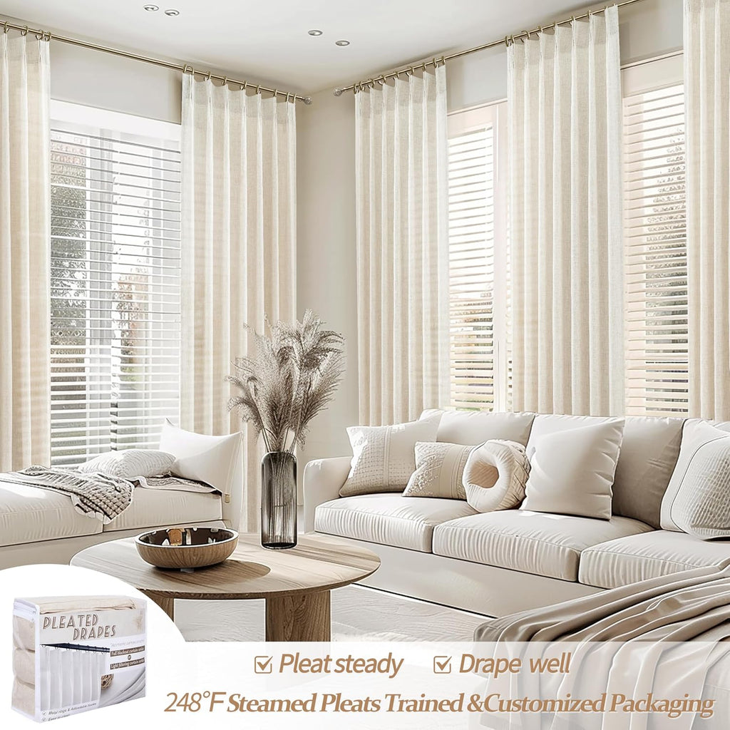 Pinch Pleated Linen Curtains 96 Inches Long for Living Room Bedroom, Light Filtering Boho Window Drape 96 inch 2