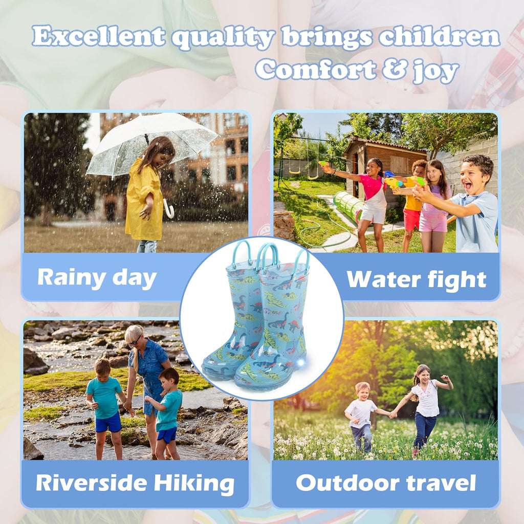 Toddler Rain Boots Waterproof Rubber Kids Rain Boots for Girls and Boys with Fun Patterns and Easy-On Handles