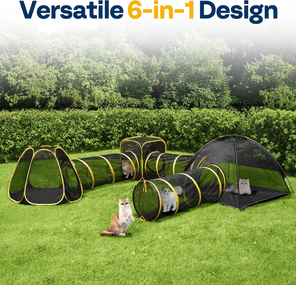 6-in-1 Outdoor Cat Enclosure with Playhouse, 2 Tents & 3 Tunnels