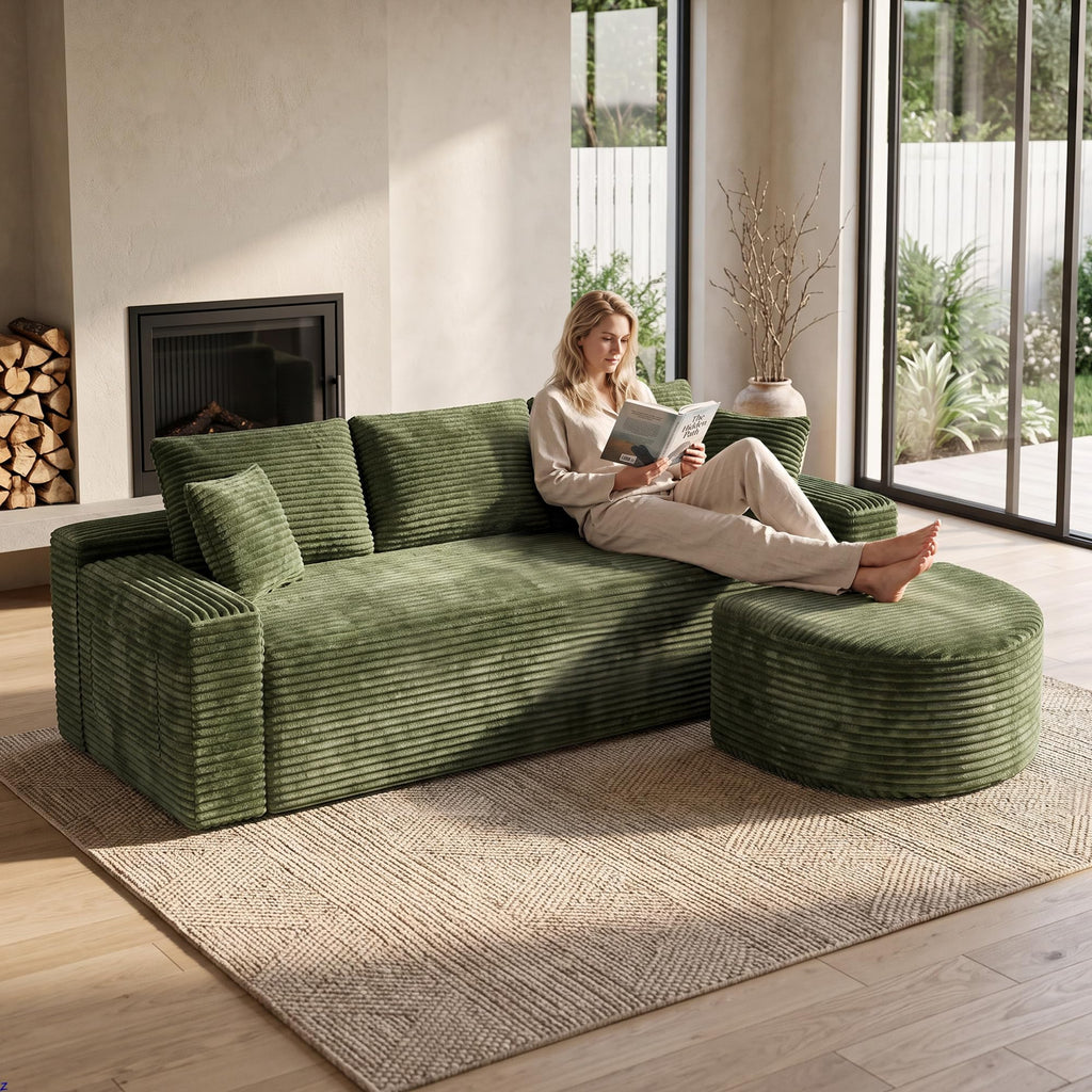 94" L-Shaped Boneless Sectional with Curved Ottoman, Green
