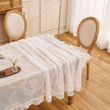 Lace Tablecloth with Ruffled Hem, Floral Embroidered Table Cover, Vintage Elegant Style (White, 55”x