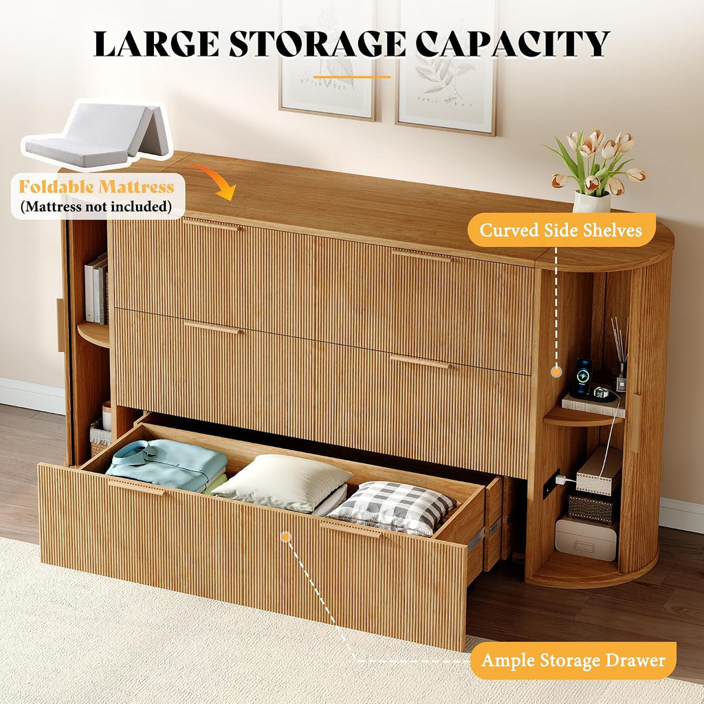 Queen Murphy Bed with Storage Bedside Shelves & Sliding Tambour Door, Modern Cabinet Bed with Charging Station &