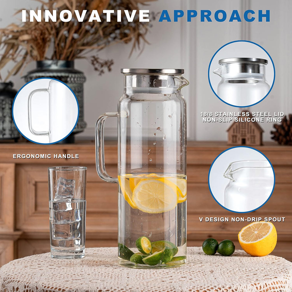 Set of 2 Glass Pitcher with Lid,2 Quart (64 oz / 1.9 Liter) Leak Proof,Glass Water Jugs, BPA-Free,Microwave &