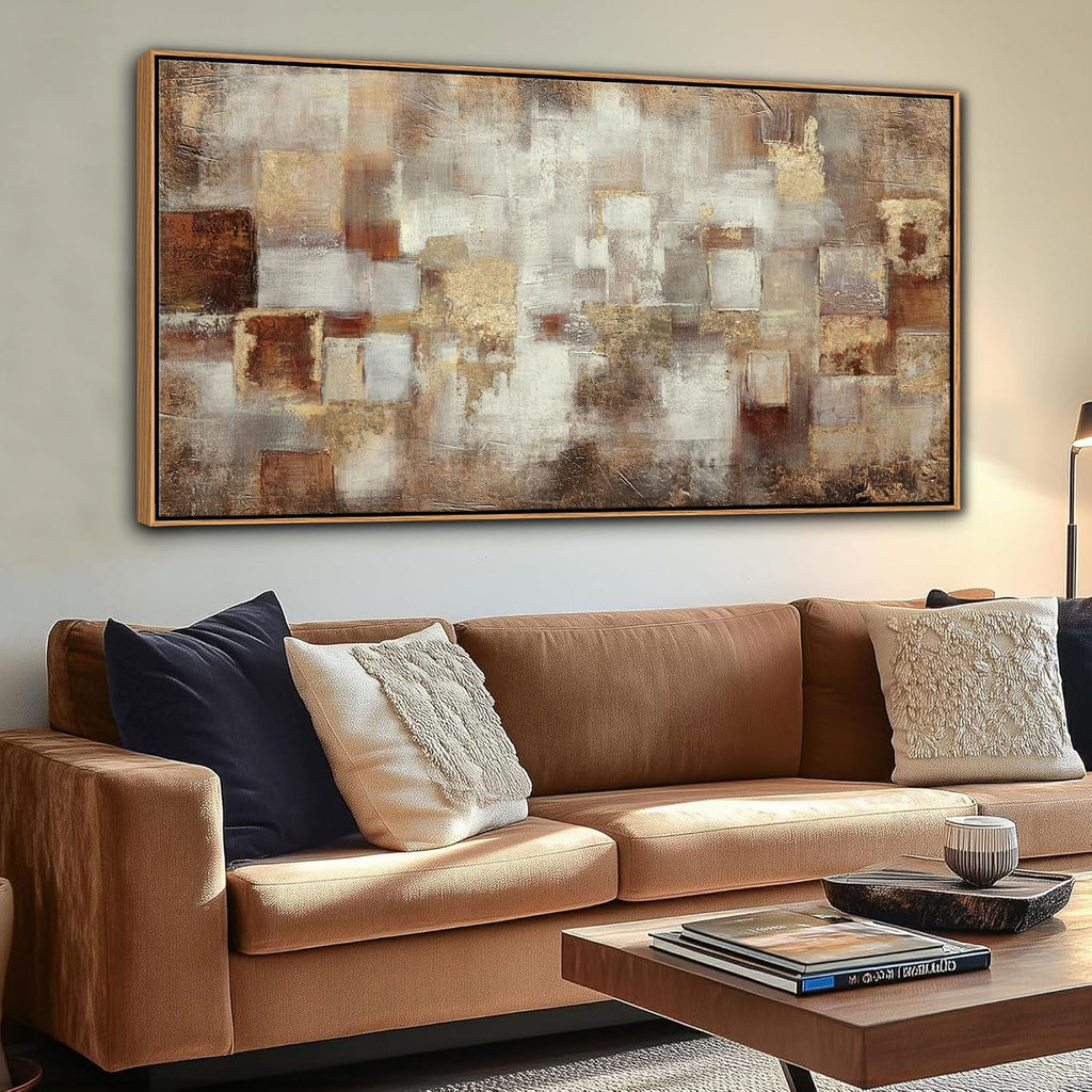 Brown Abstract Wall Art - Gold Canvas Wall Decor - Large Modern Grid minimalist Picture - Oil Painting Print Office