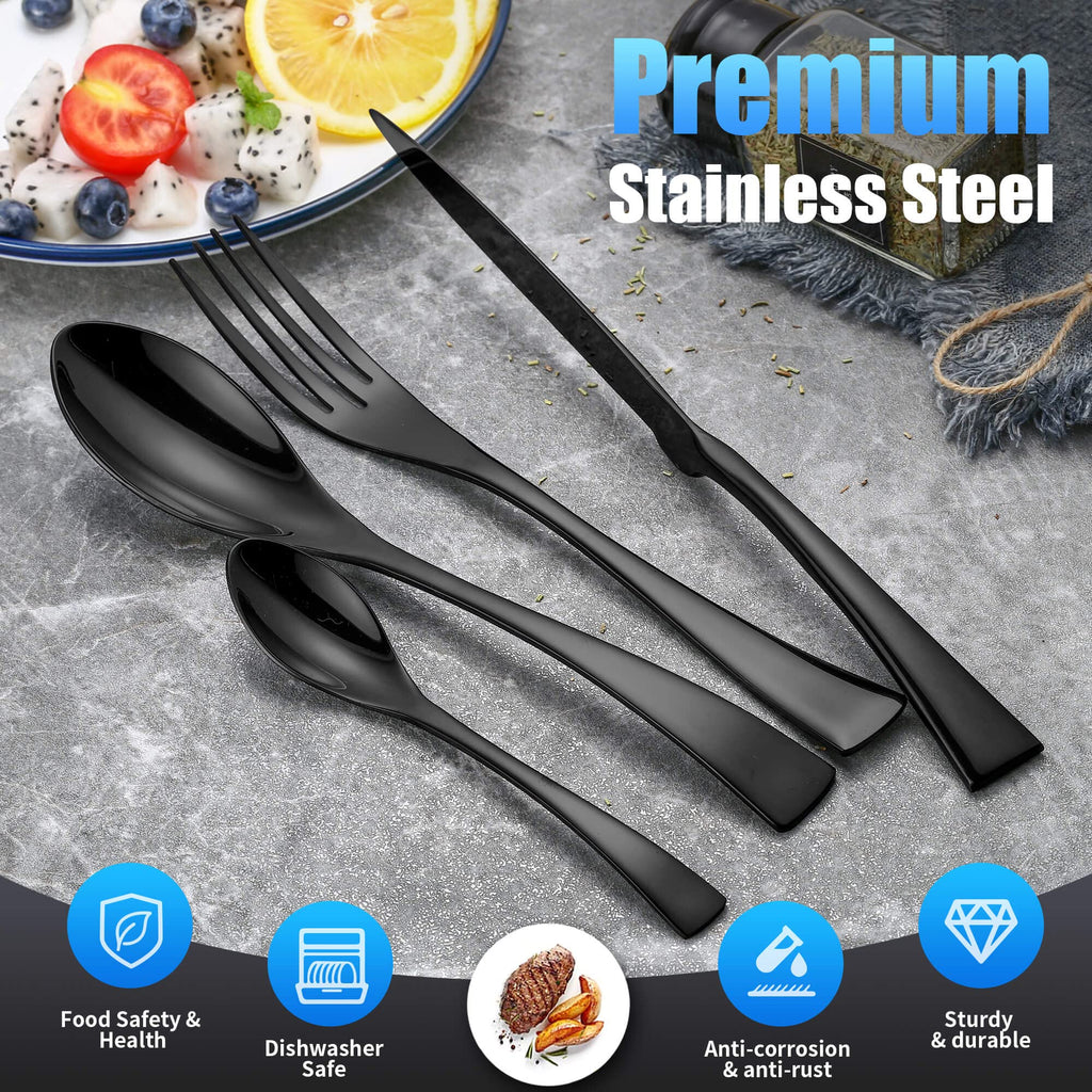24 Pieces Black Silverware Set for 6, Heavy Duty 18/10 Stainless Steel Flatware Set with Forged Stand Knife, Modern