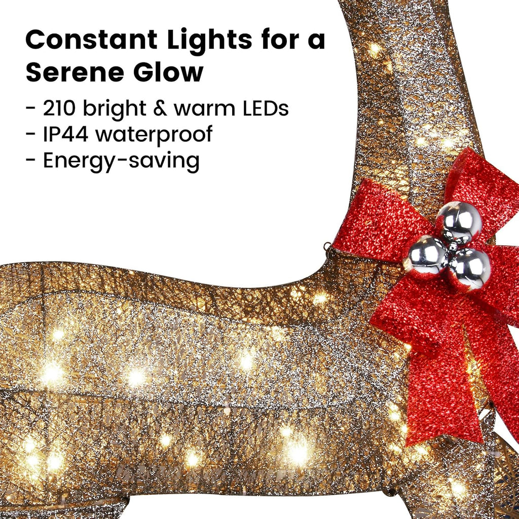 3D Christmas Reindeer Outdoor Decorations - 3 Pieces Set of Gold LED Deer Family with 240 Warm Lights - 5ft Buck &