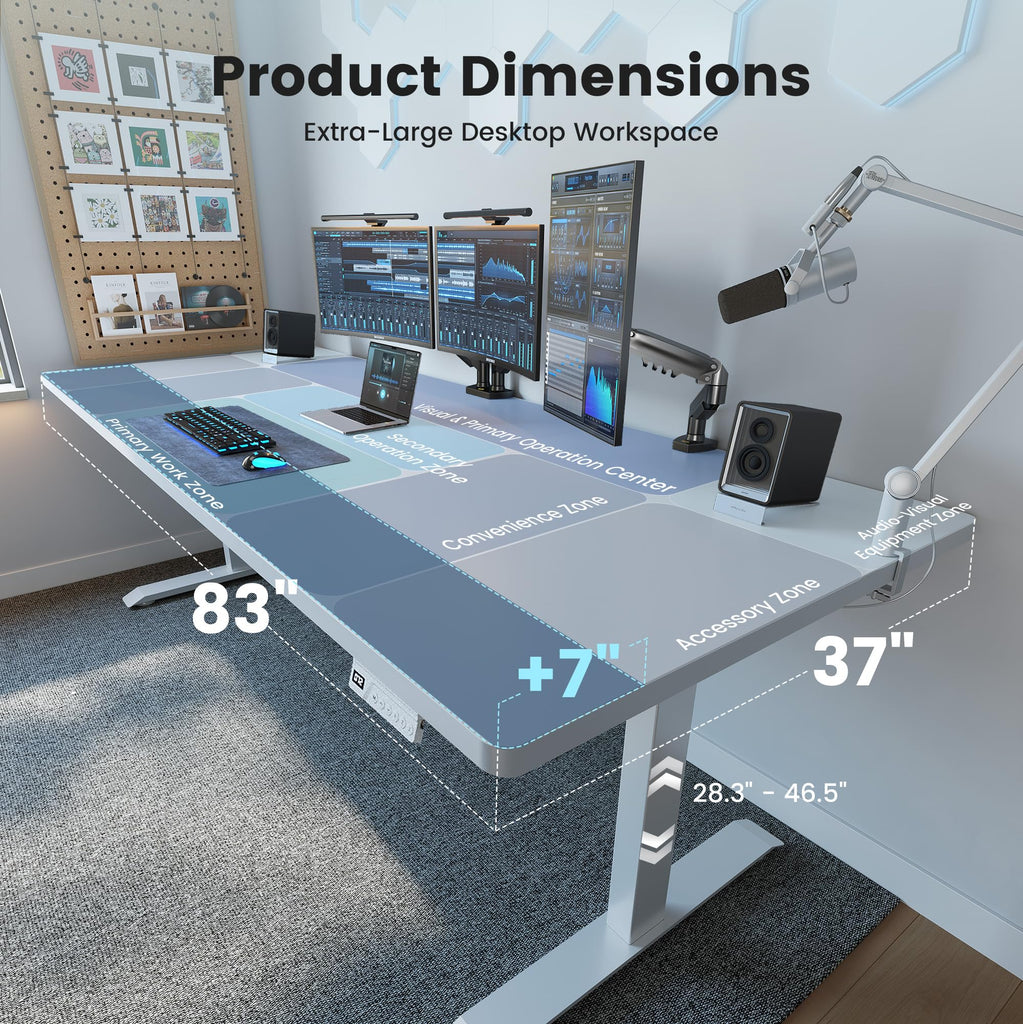 83 x 37 Inch Large Electric Standing Desk 1" Thick Desktop, White