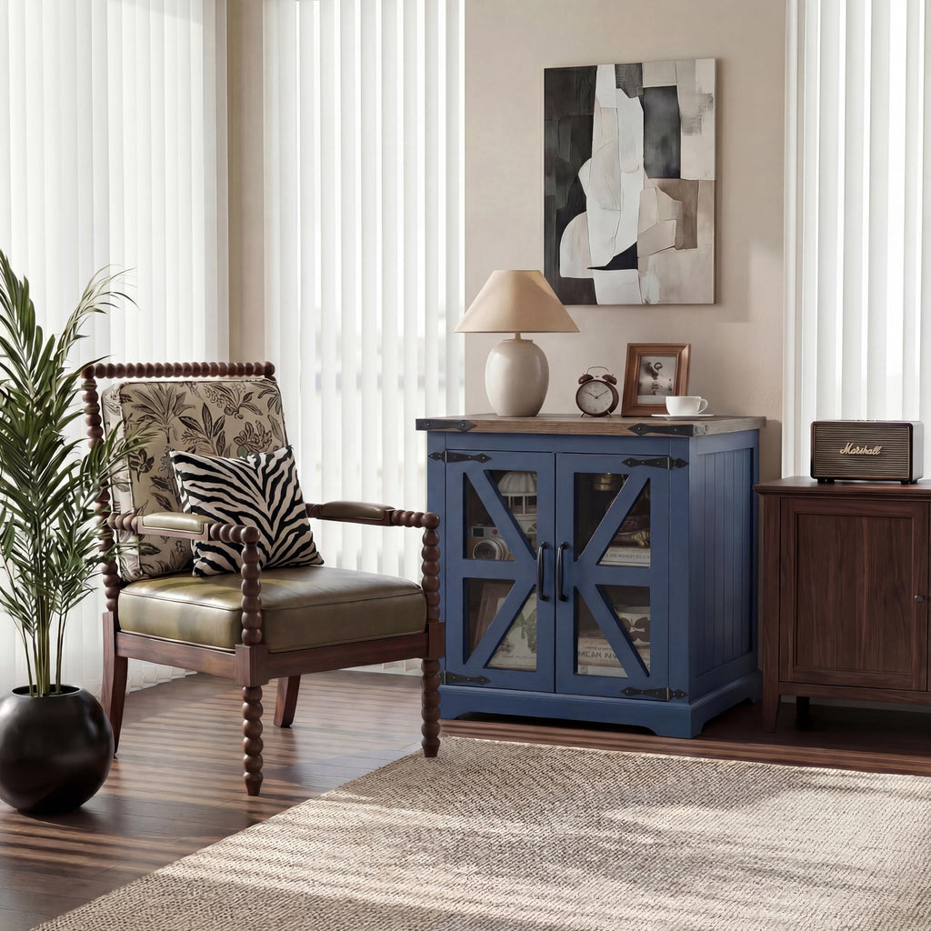 Farmhouse End Table, 24" Large End Tables with Storage, Rustic Square Sofa Beside Table with Glass Barn Door, Wood