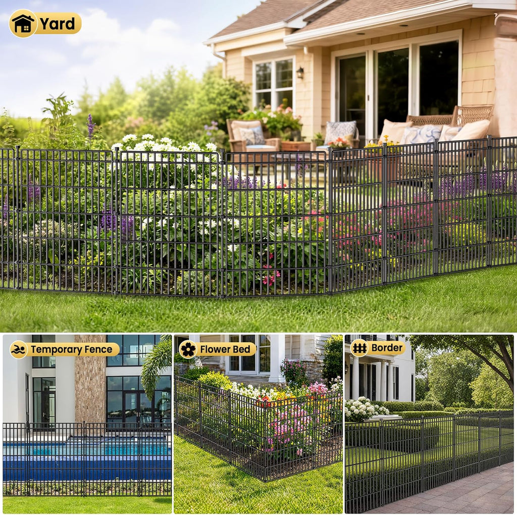 8 Panels No Dig Garden Fence with Gate, 48in(H) × 21ft(L) Decorative Metal Outdoor Dog Fence, Rustproof Pet Fencing