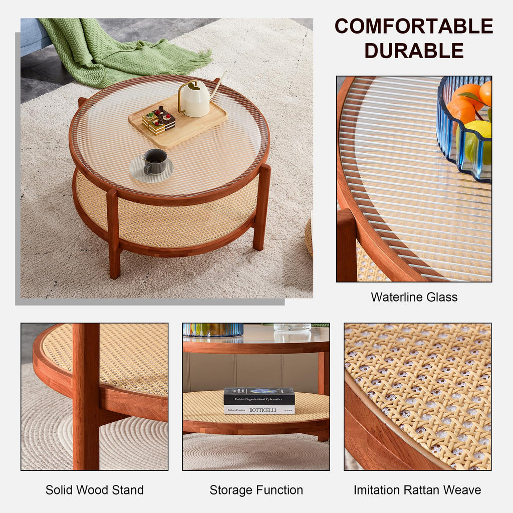 Modern Imitation Rattan Round Coffee Table Round 2-Tier Solid Wood Glass Table Top Sofa Side Tea Table Bedroom Office