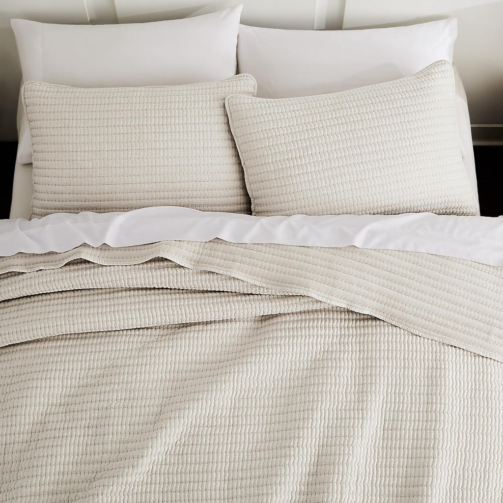Beige Pick Stitch Queen Quilt Set, Striped Lightweight Soft Summer Spring Bedspread, Bamboo Linen Like Textured