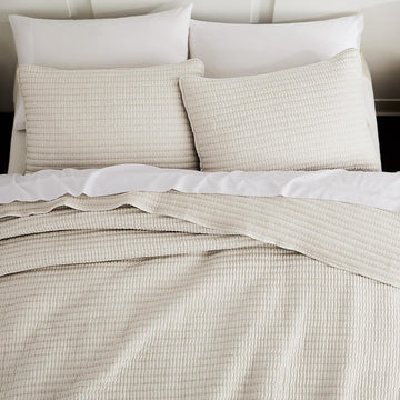 Beige Pick Stitch Quilt Set, Striped Lightweight Soft Summer Spring Bedspread, Bamboo Linen Like Textured
