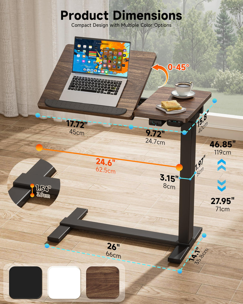Small Electric Standing Desk, Overbed Table Wireless Tilt Top with Hidden Wheels, 27.6×15.8 Inch Adjustable Rolling