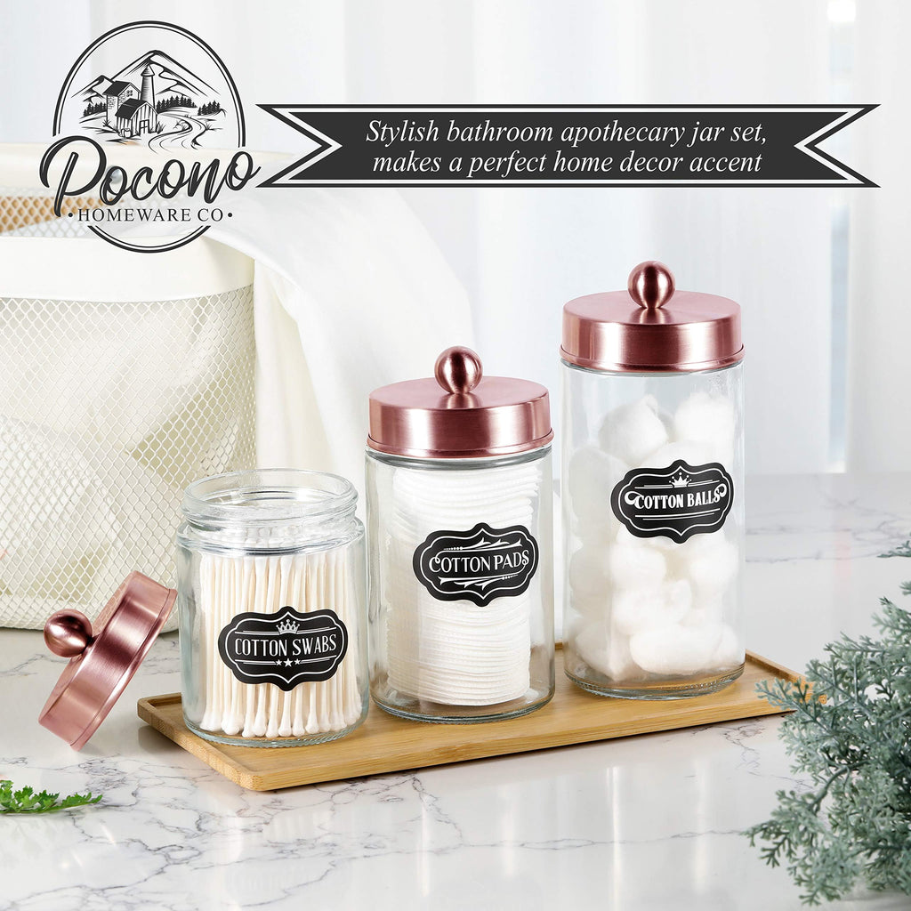 Apothecary Jars 3 Pack - Glass Bathroom Containers with Stainless Steel Lids - Rustic Farmhouse Decor Bathroom