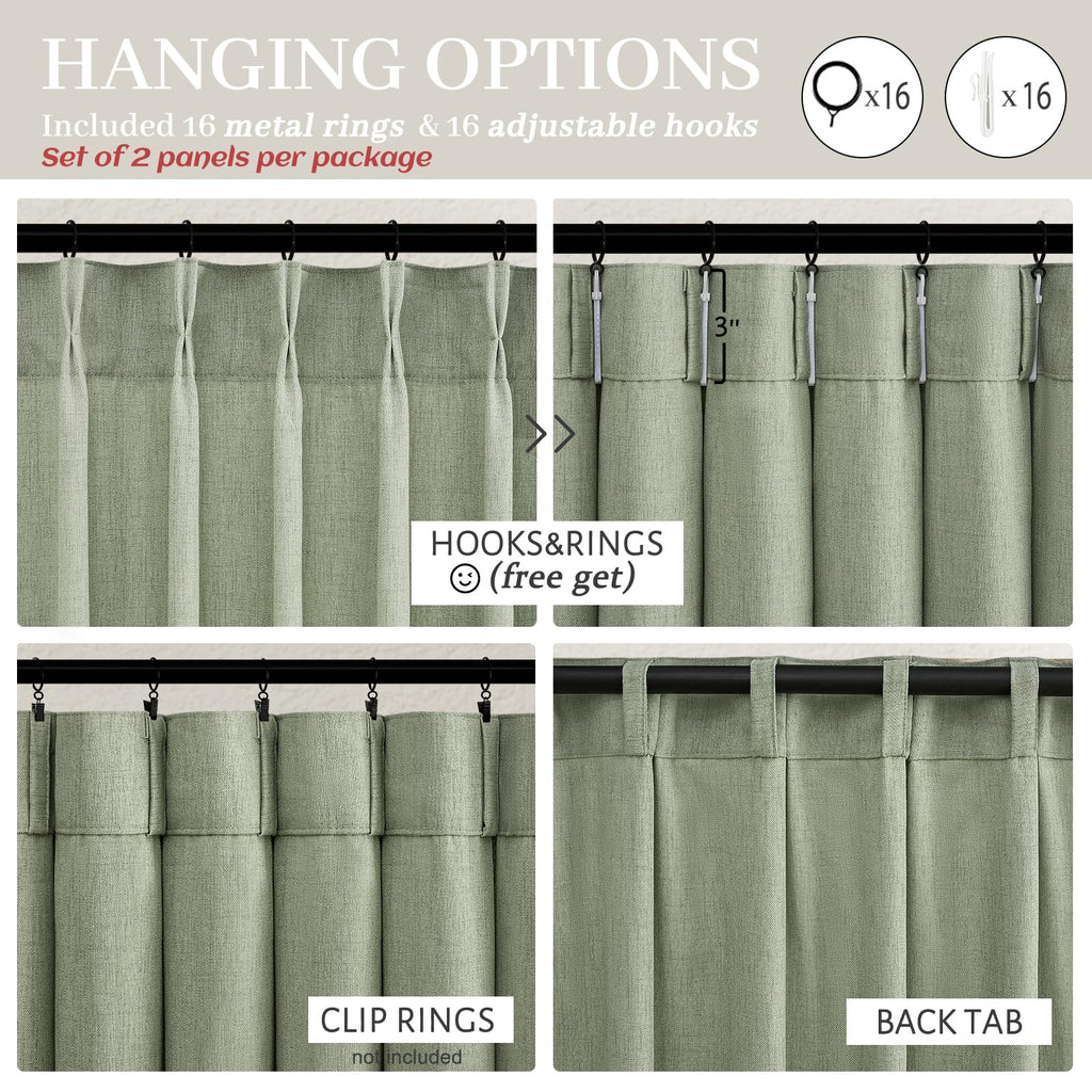 Memory Trained Pinch Pleated Linen Sage Green 100 Inch Long Sheer Curtains