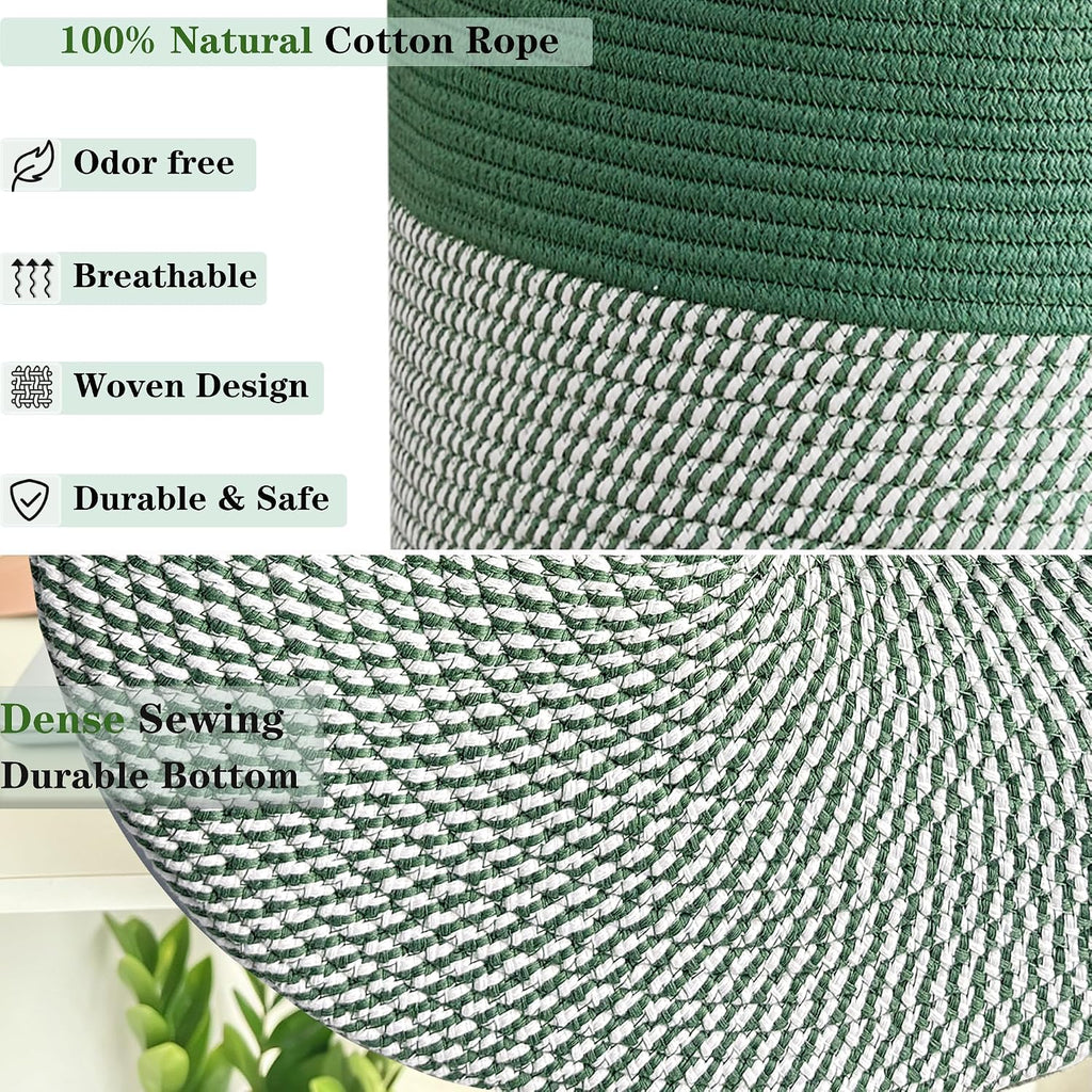 80L Large Green Hamper Tall Woven Laundry Basket | Cotton Rope Clothes Hamper Baby Nursery Hamper Bin for Girls Kids