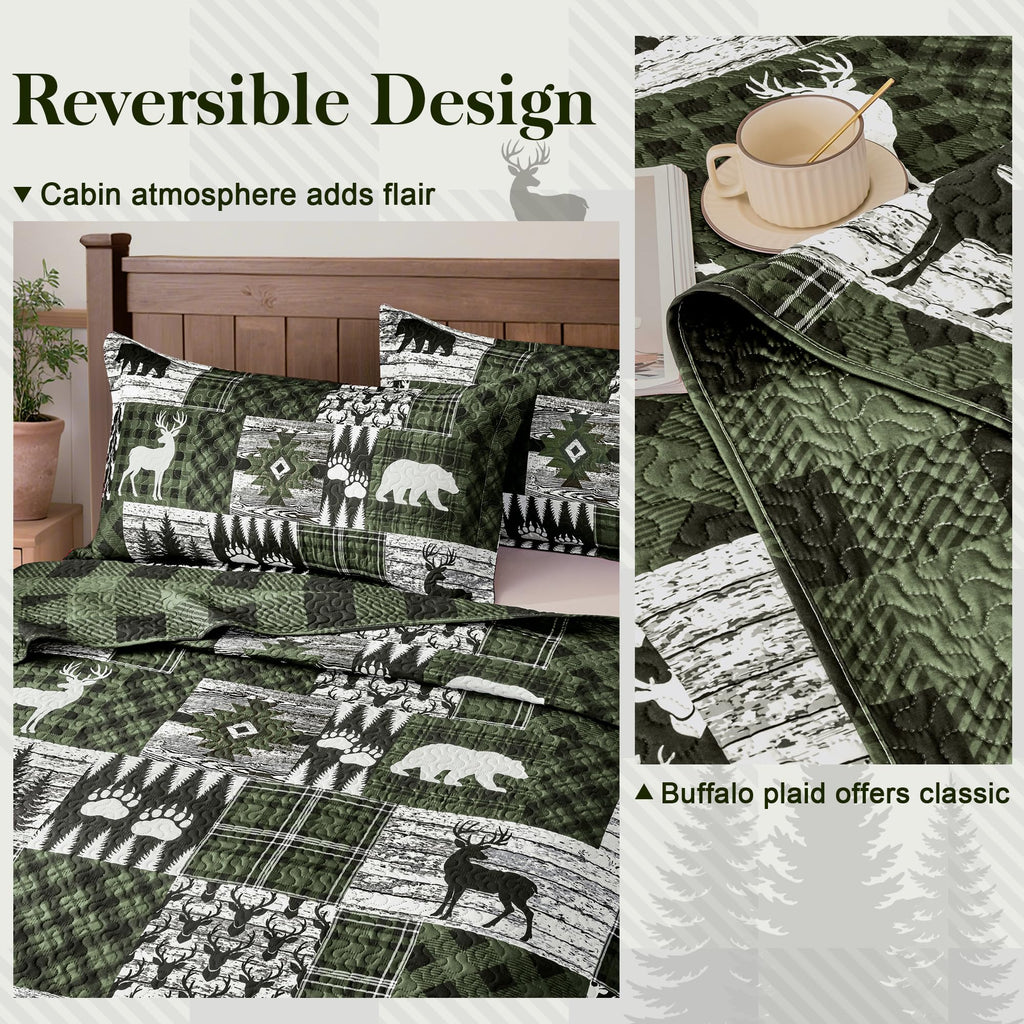 3 Piece Christmas Quilt Sets Queen Size Bedding Set, Green Bear