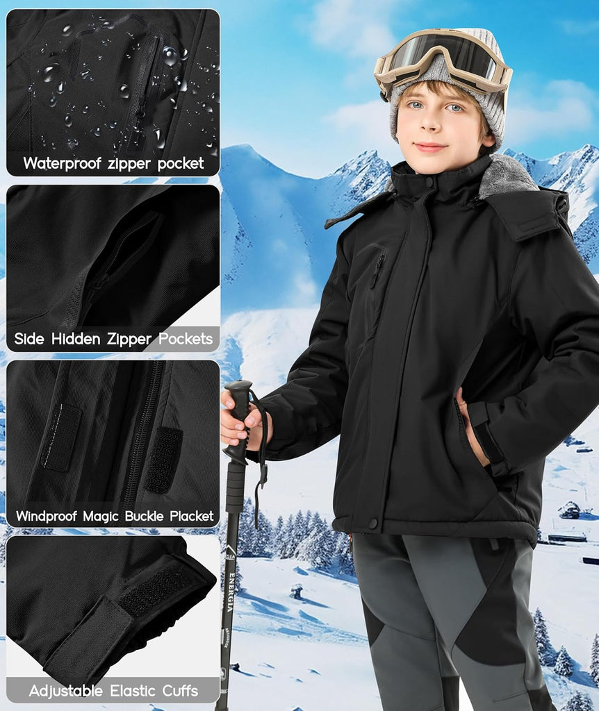 Kids Winter Jackets Warm Fleece Waterproof Snow Jacket with Zipper Pockets Detachable Hood
