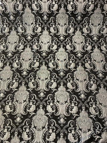 Damask, Chenille, Upholstery, Drapery Fabric, Sold By the Yard 58" Wide (Silver/Black)