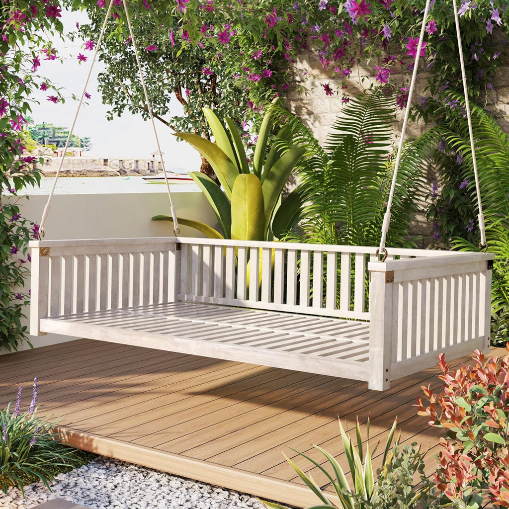 79" Acacia Solid Wood Porch Swing Bed Twin Size Hanging Daybed with Hemp Ropes, Classic Patio Backyard Outdoor Wooden