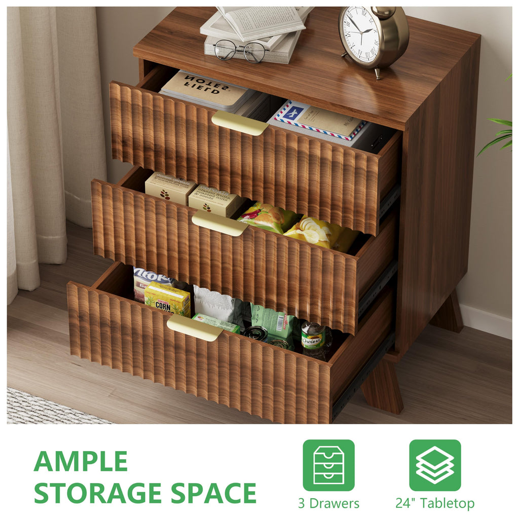 Fluted Dresser with 3 Drawers, 24" Wide Modern Chest of Drawers with Metal Handle, Wooden Dresser TV Stand, Wood