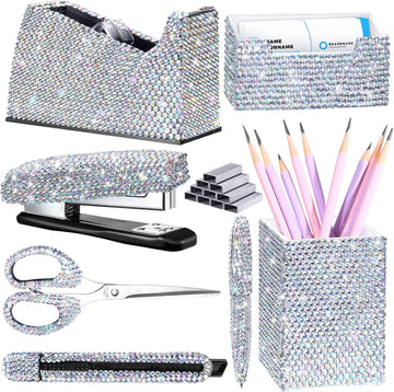 White 7 Pieces Bling Desk Accessories Set Glitter Crystal Office Stationery Kit for Women Diamond Tape Dispenser