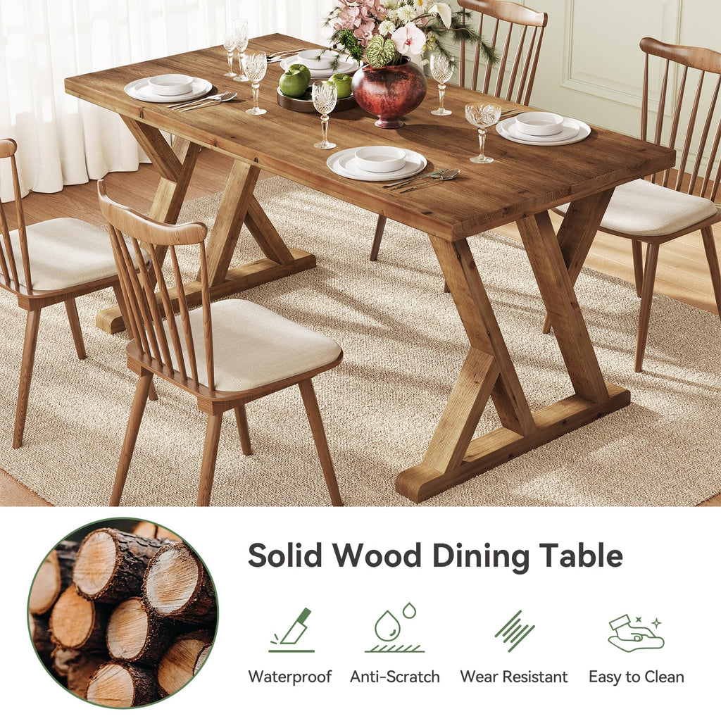 Solid Wood Dining Table for 4-6 People, 63 Inches Wooden Farmhouse Rectangular Kitchen Dinner Table with Heavy-Duty