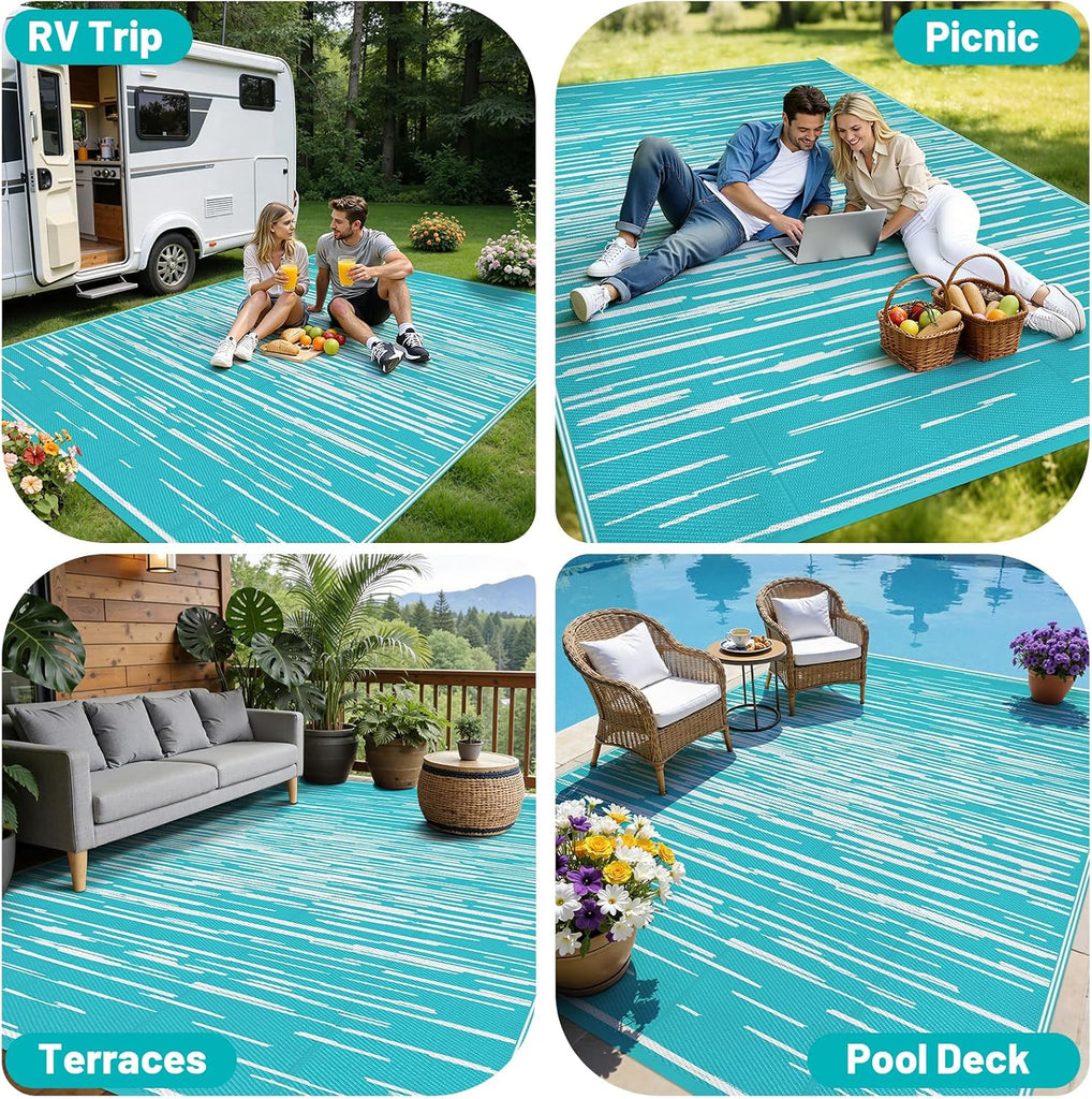 Outdoor Rug Waterproof, Striped Reversible Plastic Patio Rug