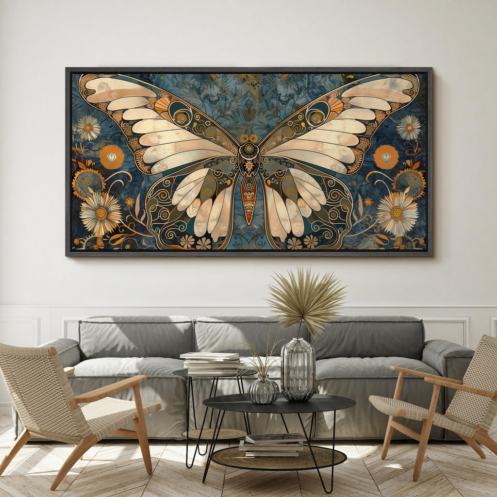 Extra Large Framed Canvas Ornate Butterfly and Flowers Vintage Style Illustrations Modern Art Calm Warm - 60"" x30