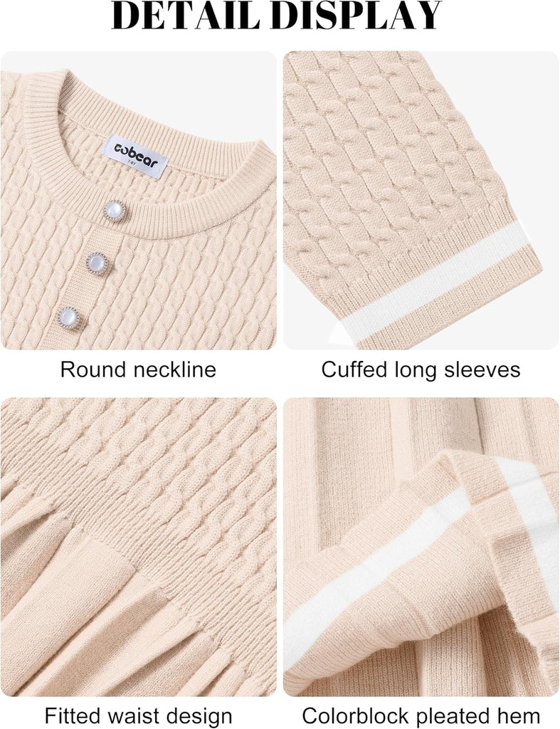 Girls Sweater Dress Long Sleeve Button A-Line Fall Winter Knit Dress