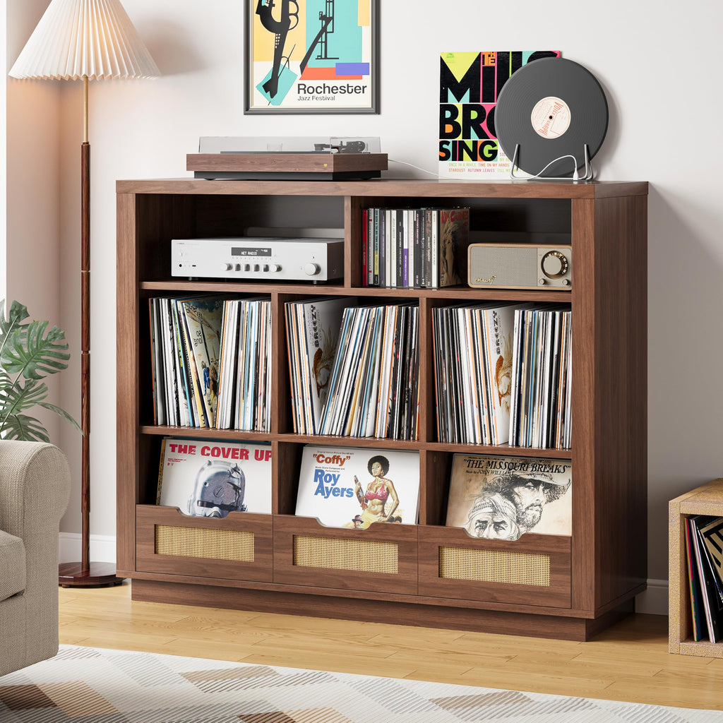 3-Tier Record Player Stand with Charging Station, Vinyl Storage