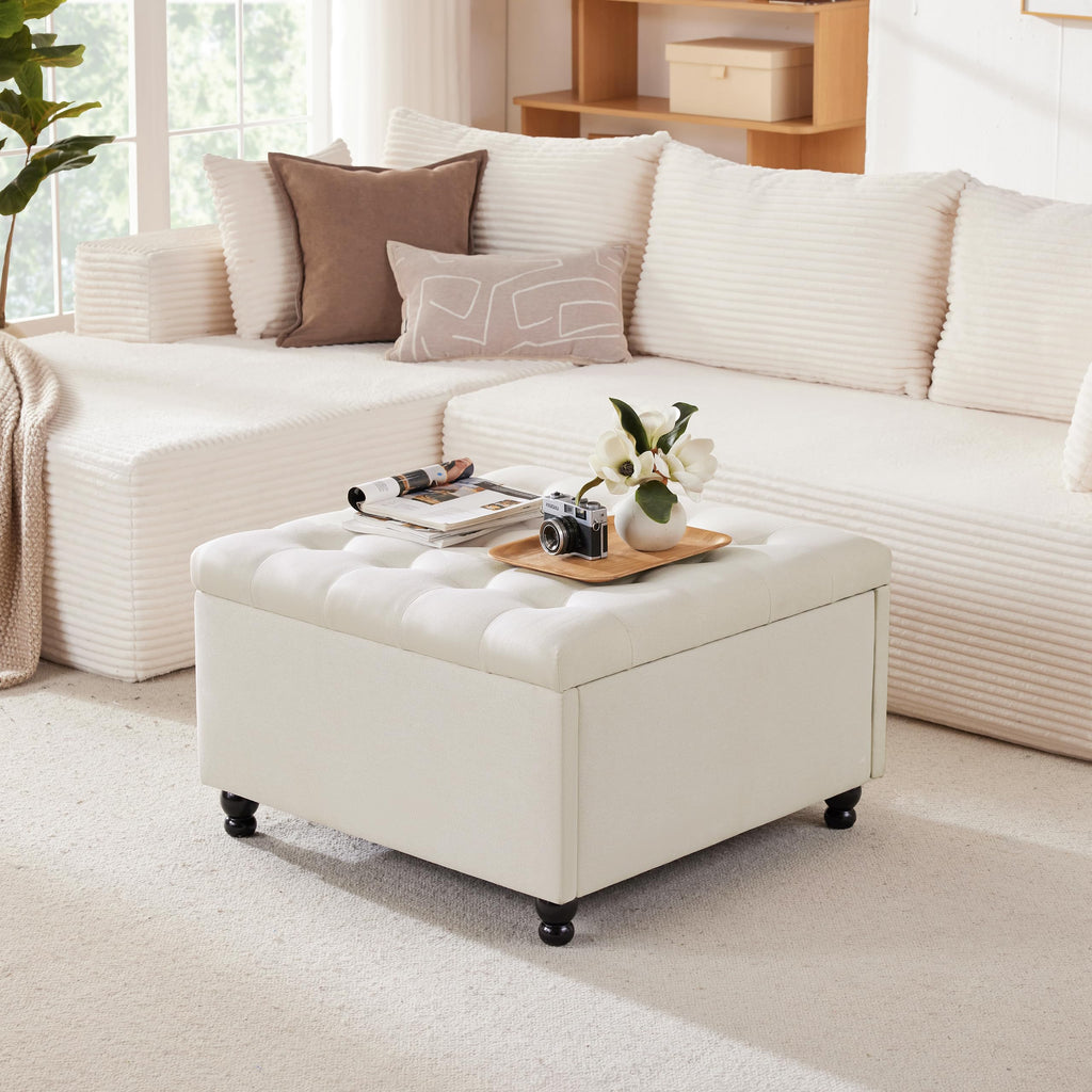 30" Large Square Ottoman with Storage, Fabric Ottoman Coffee Table, Beige