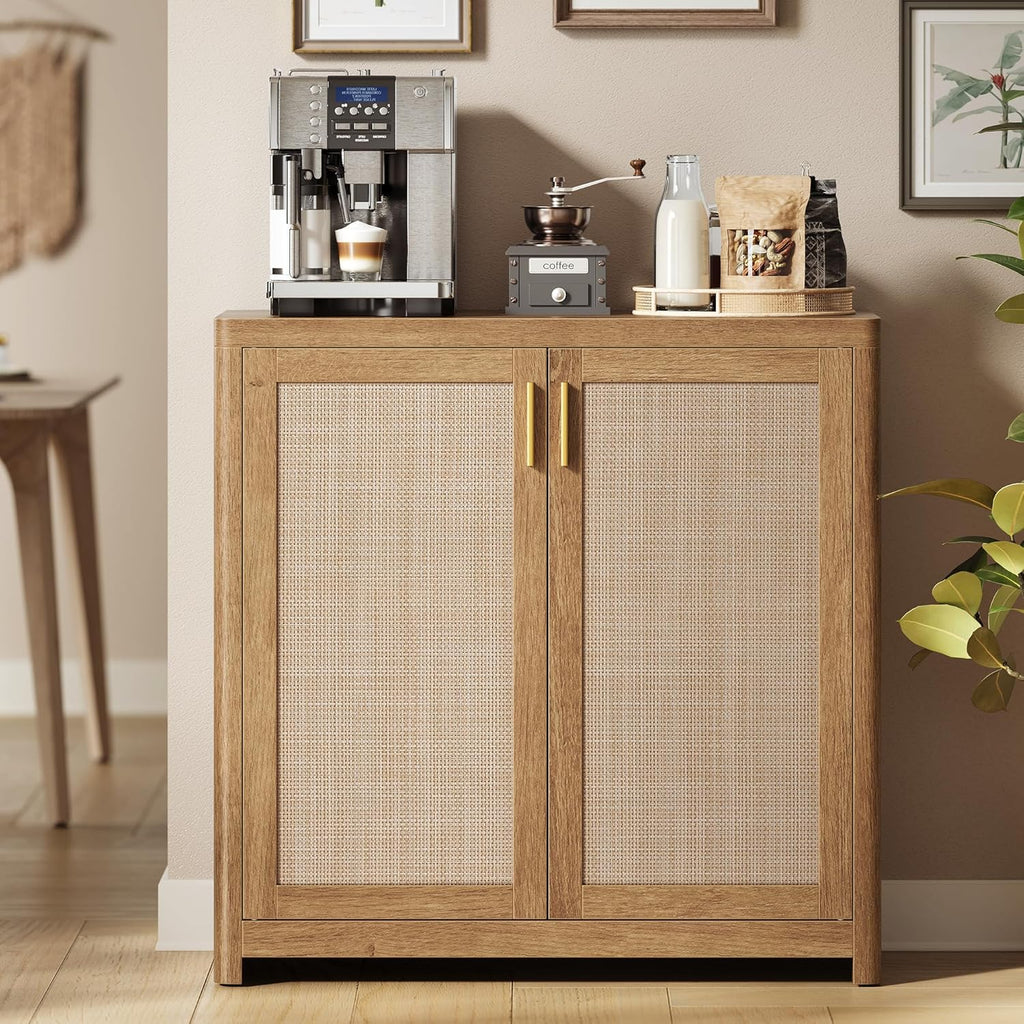 ELLAN Collection - Boho Buffet Cabinet with Rattan-Look Doors, Sideboard Storage Cabinet, Rounded Corners