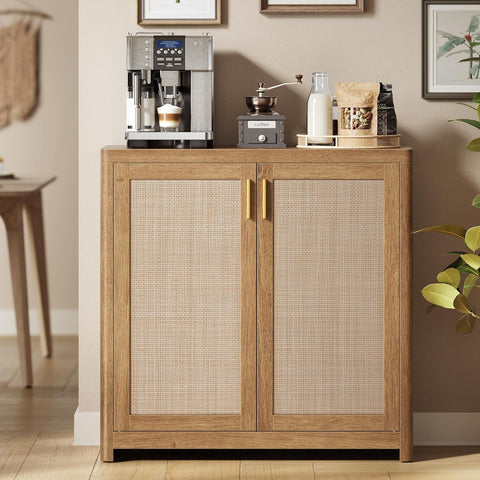 ELLAN Collection - Boho Buffet Cabinet with Rattan-Look Doors, Sideboard Storage Cabinet, Rounded Corners