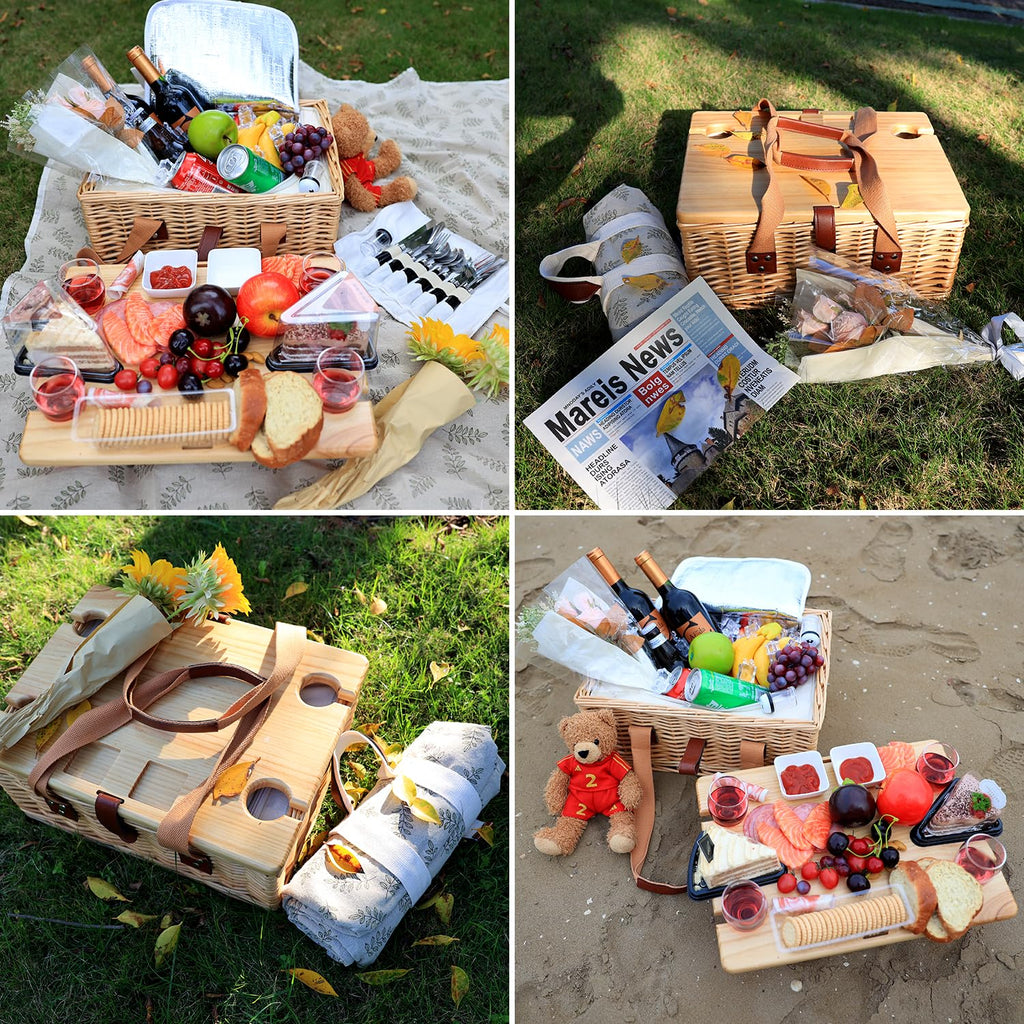 Wicker Picnic Basket for 2 with Mini Folding Wine Picnic Table & Large Insulated Cooler Bag & Cutlery Service Kits