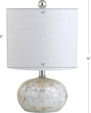 16" Coastal Capiz Shell Mosaic Table Lamp Living Room, White Linen Shade, Transitional Cottage Nightstand Lamp